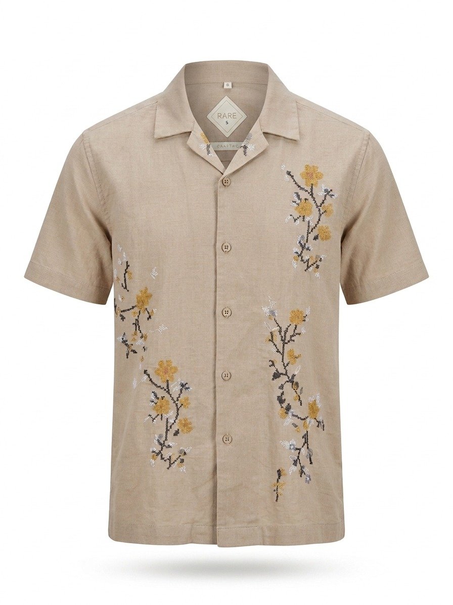 Beige Floral Embroidered Linen Shirt - Image 2