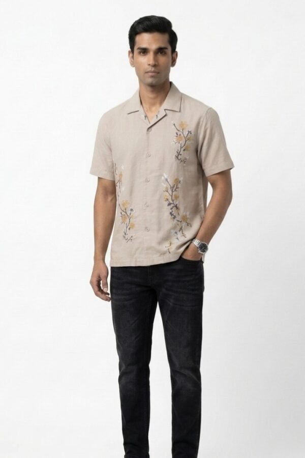Beige Floral Embroidered Linen Shirt