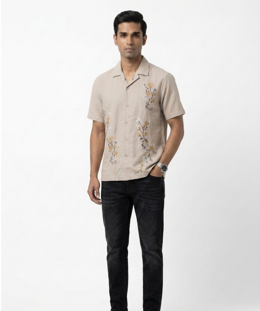 Beige Floral Embroidered Linen Shirt