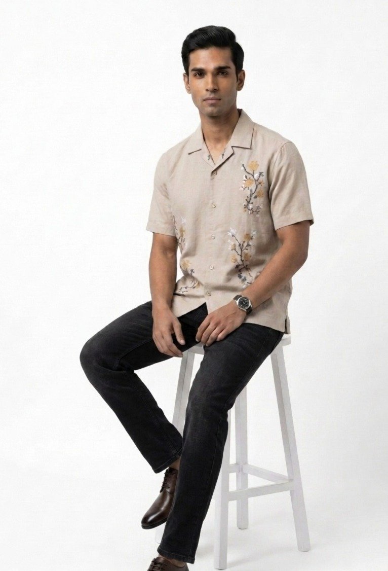 Beige Floral Embroidered Linen Shirt - Image 5