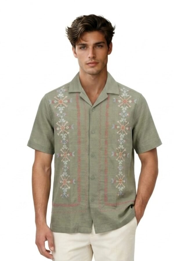 Olive Embroidered Camp Collar Shirt