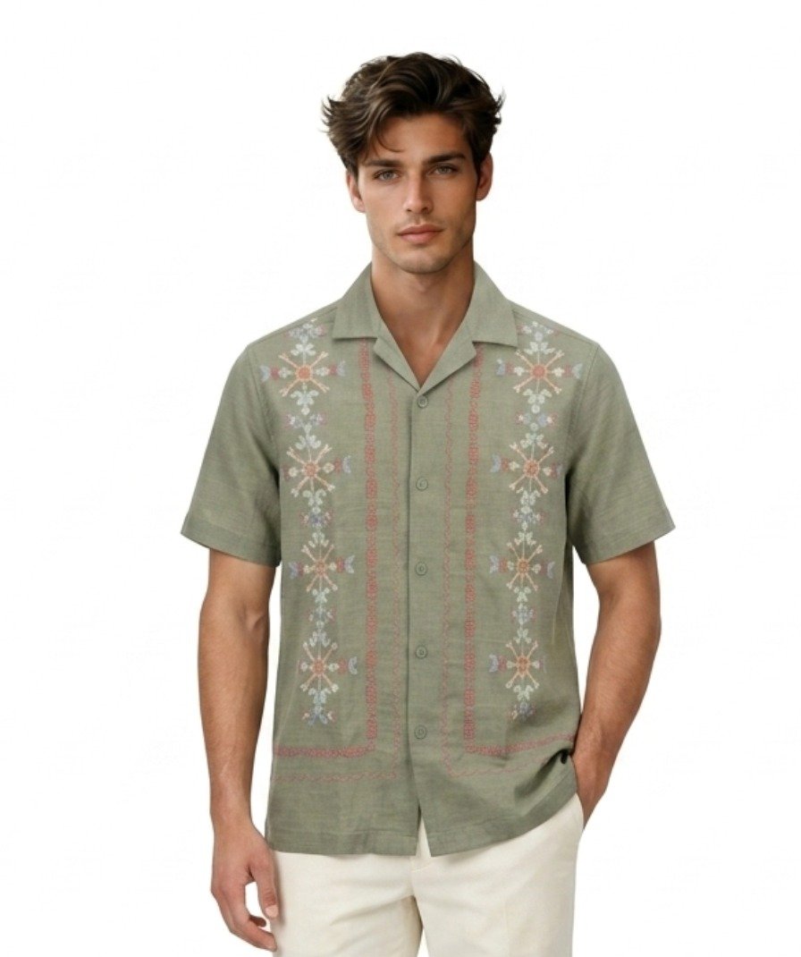 Olive Embroidered Camp Collar Shirt