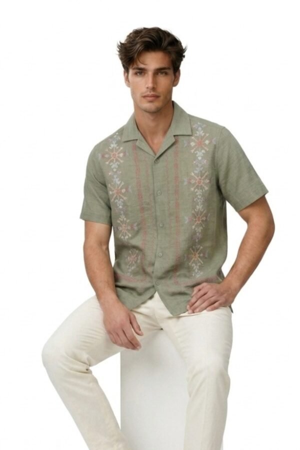 Olive Embroidered Camp Collar Shirt