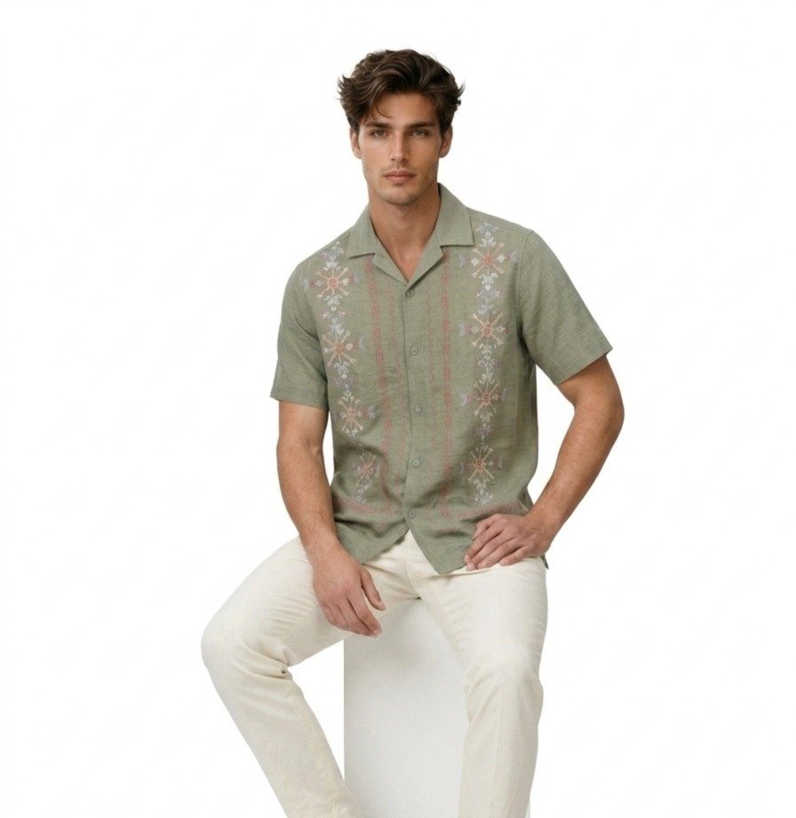 Olive Embroidered Camp Collar Shirt - Image 2