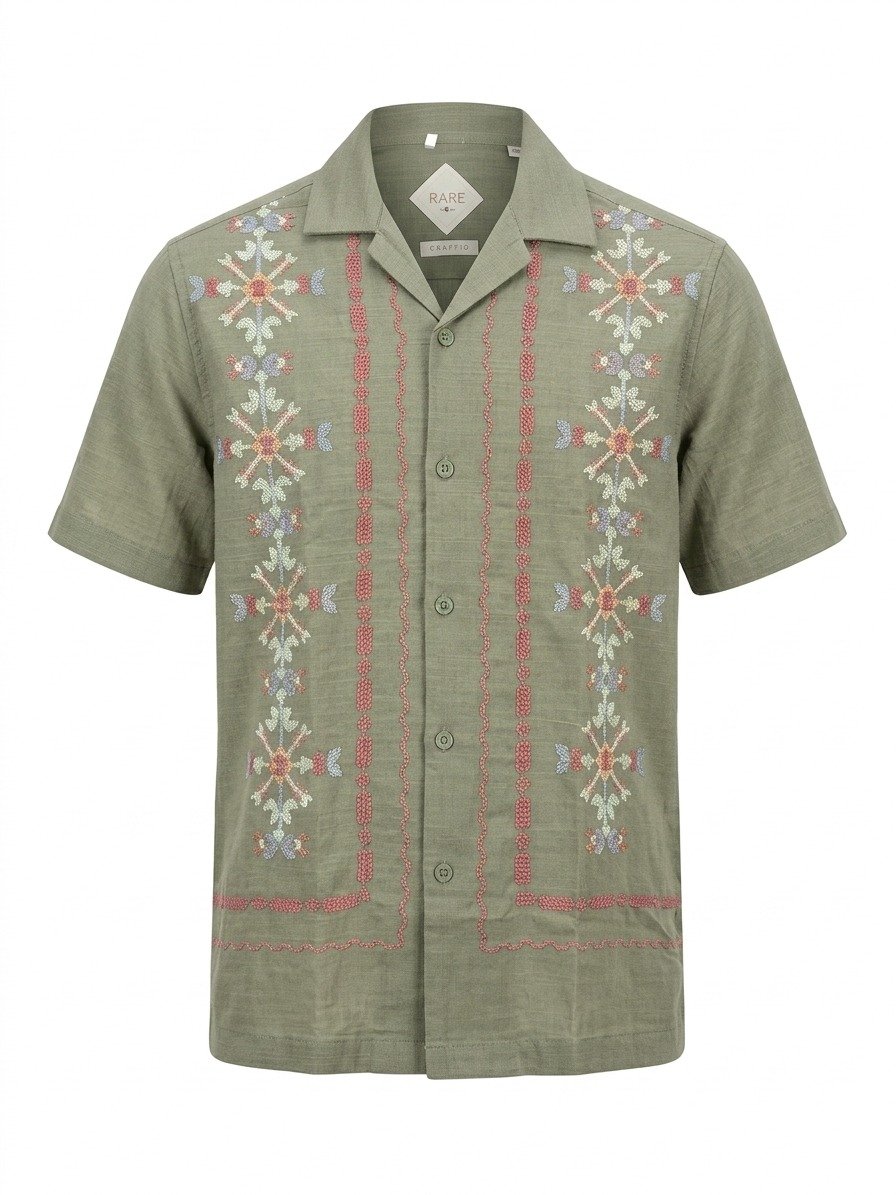 Olive Embroidered Camp Collar Shirt - Image 4