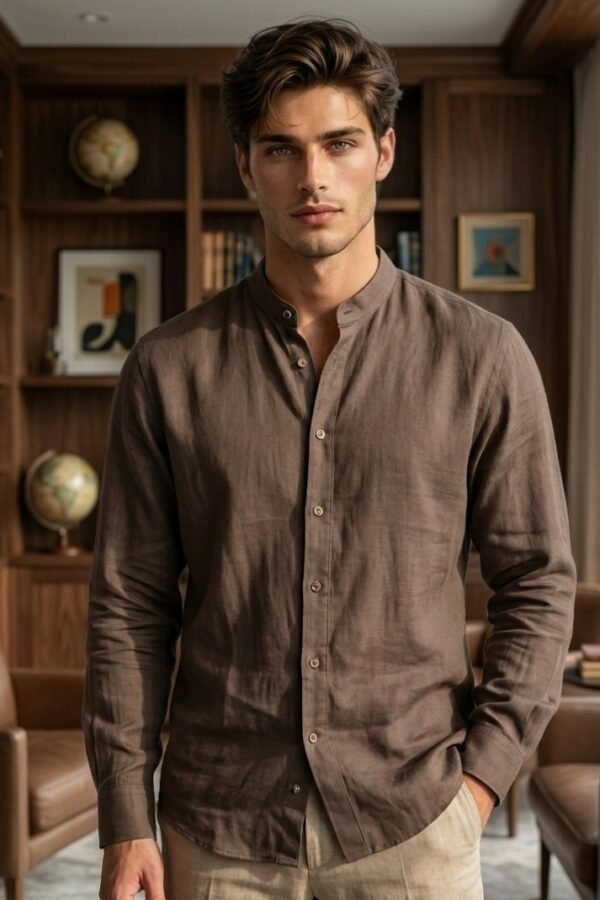 Brown Mandarin Collar Linen Shirt