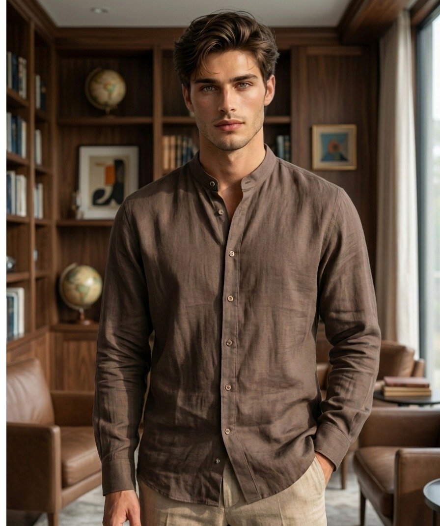 Brown Mandarin Collar Linen Shirt