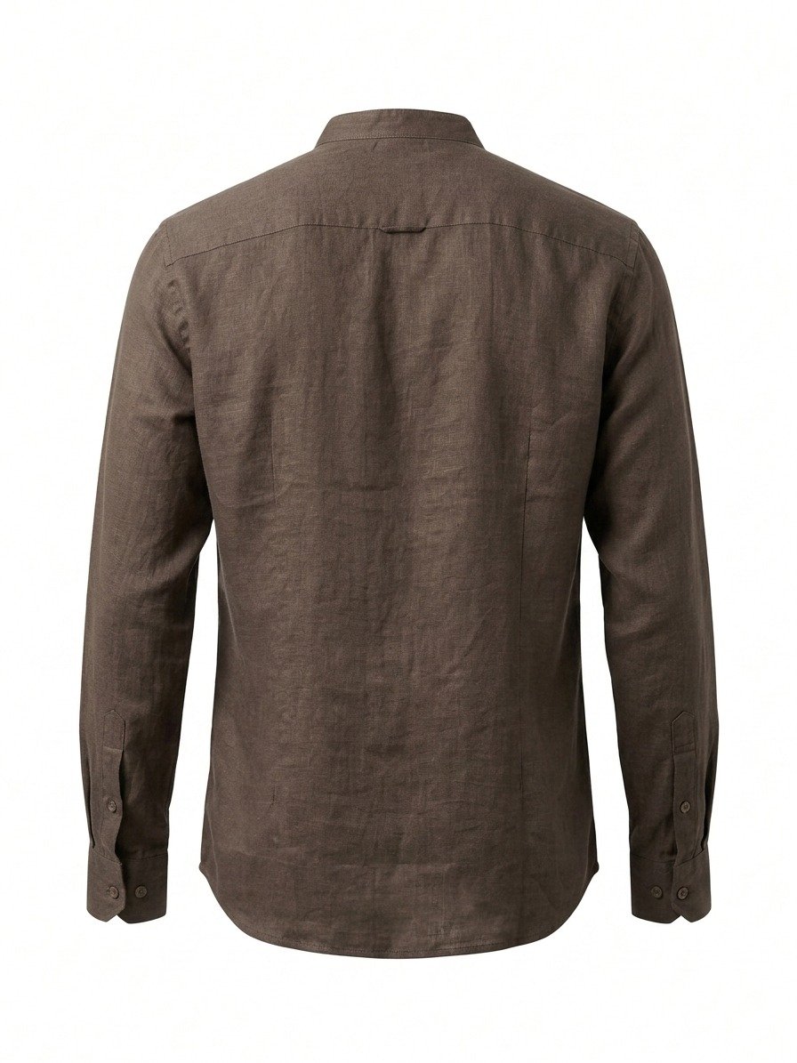 Brown Mandarin Collar Linen Shirt - Image 2