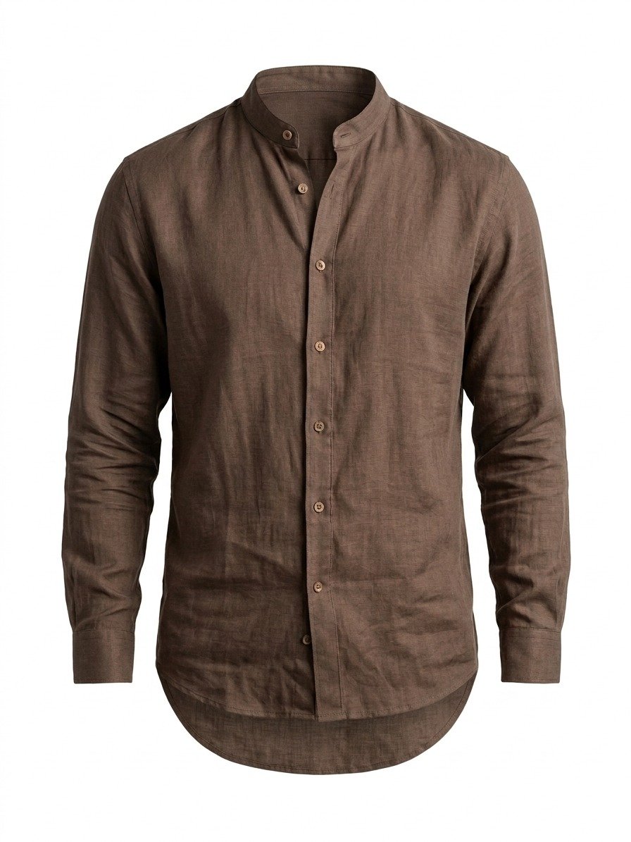Brown Mandarin Collar Linen Shirt - Image 3