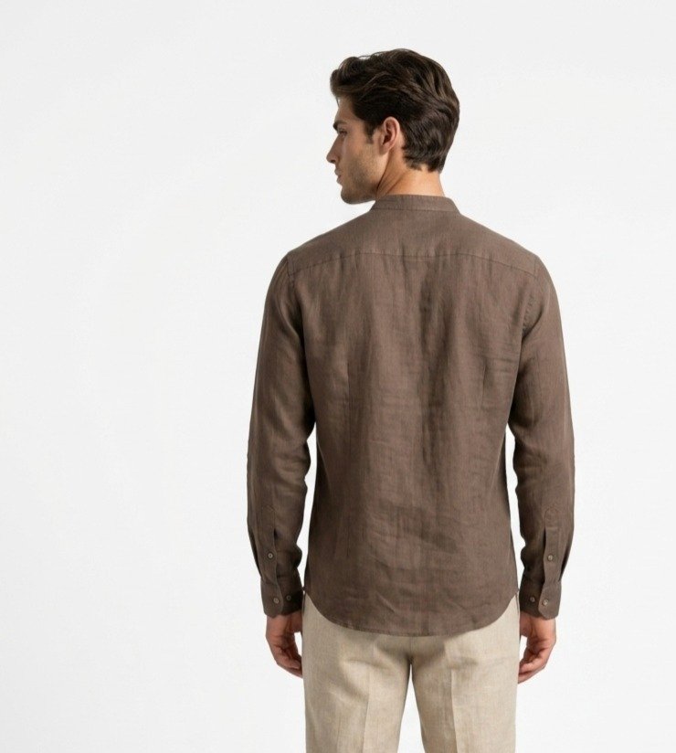 Brown Mandarin Collar Linen Shirt - Image 4