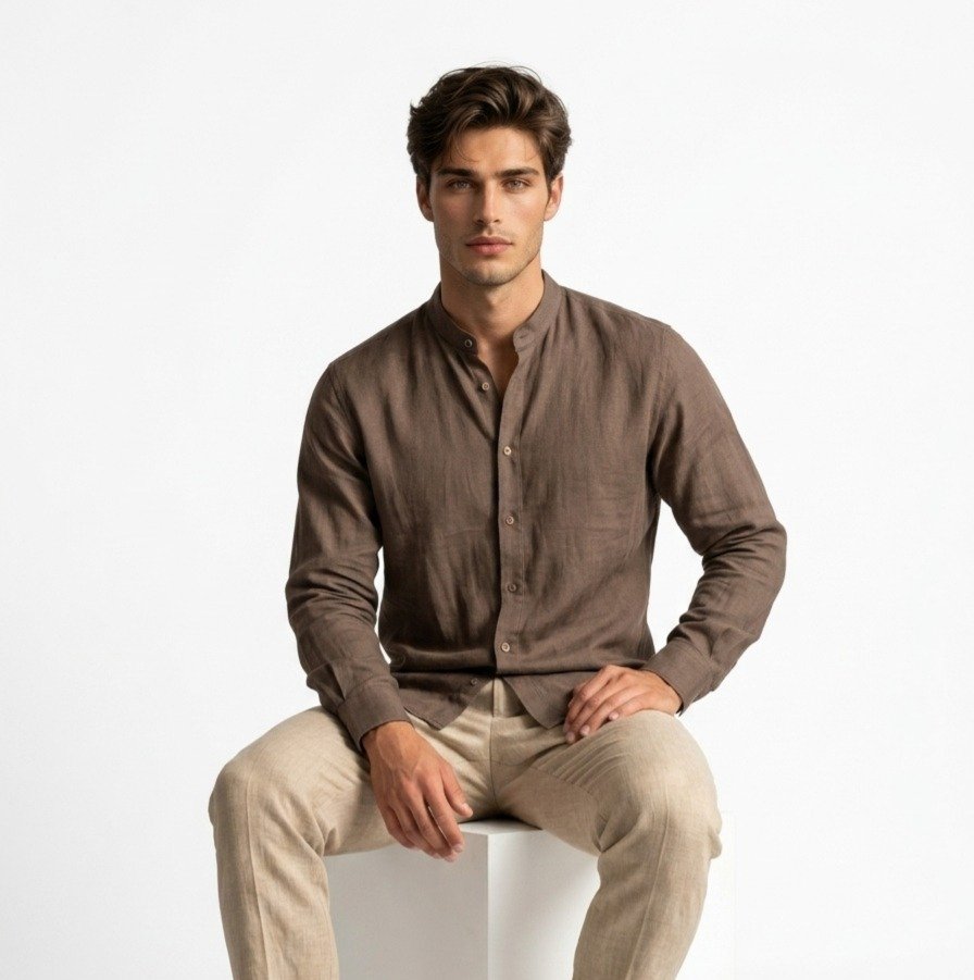 Brown Mandarin Collar Linen Shirt - Image 5