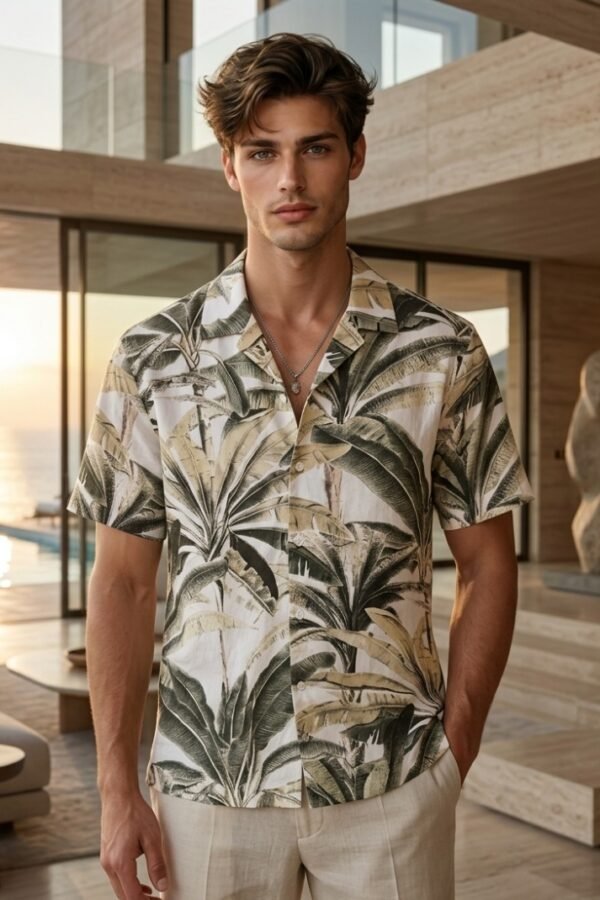 Tropical Leaf Print Linen Shirt