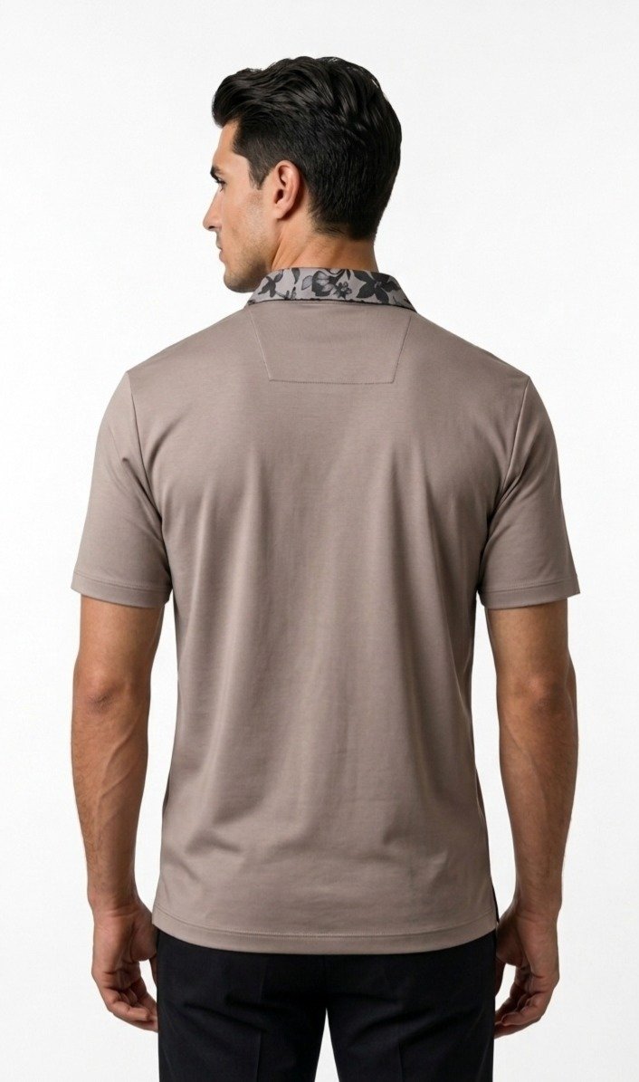 Taupe Printed Collar Polo Shirt - Image 2