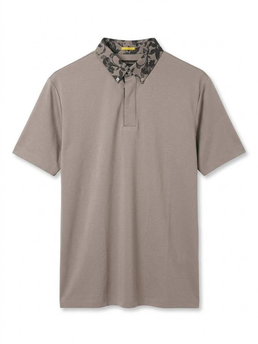 Taupe Printed Collar Polo Shirt - Image 4