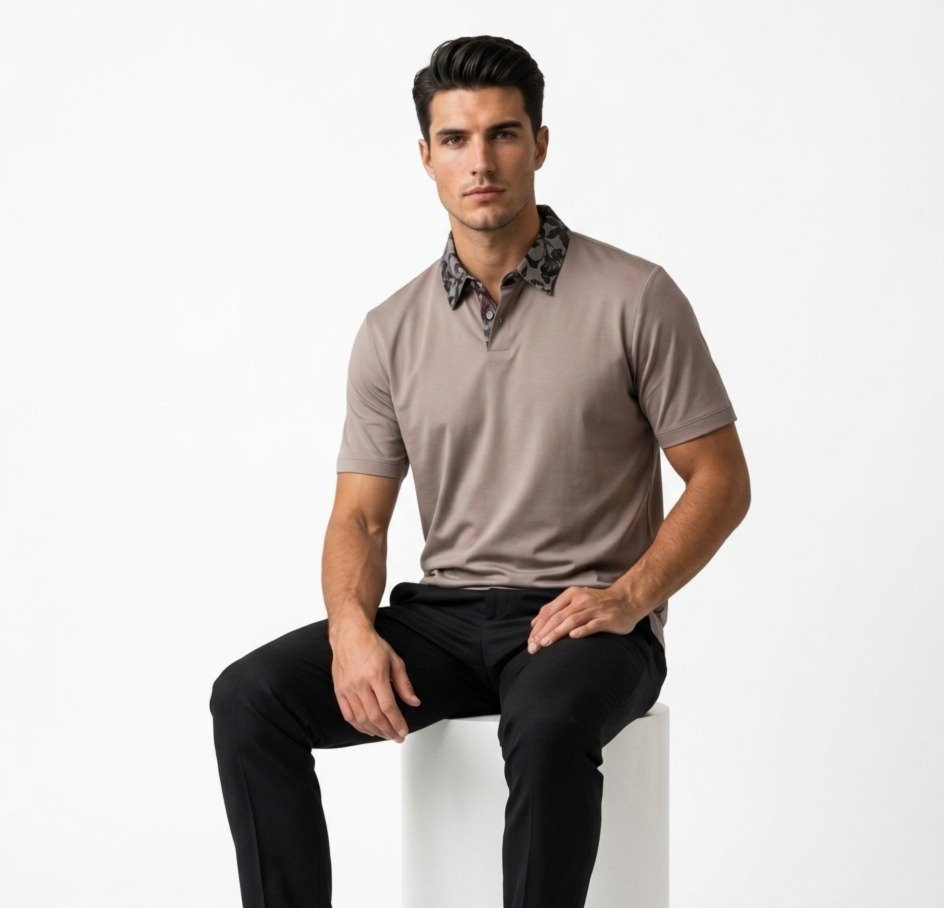 Taupe Printed Collar Polo Shirt - Image 3
