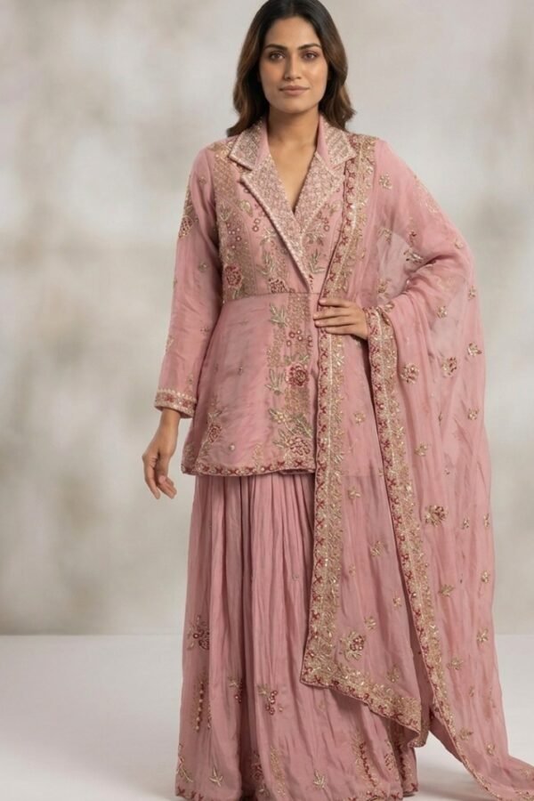 Pink Embroidered Peplum Sharara Set