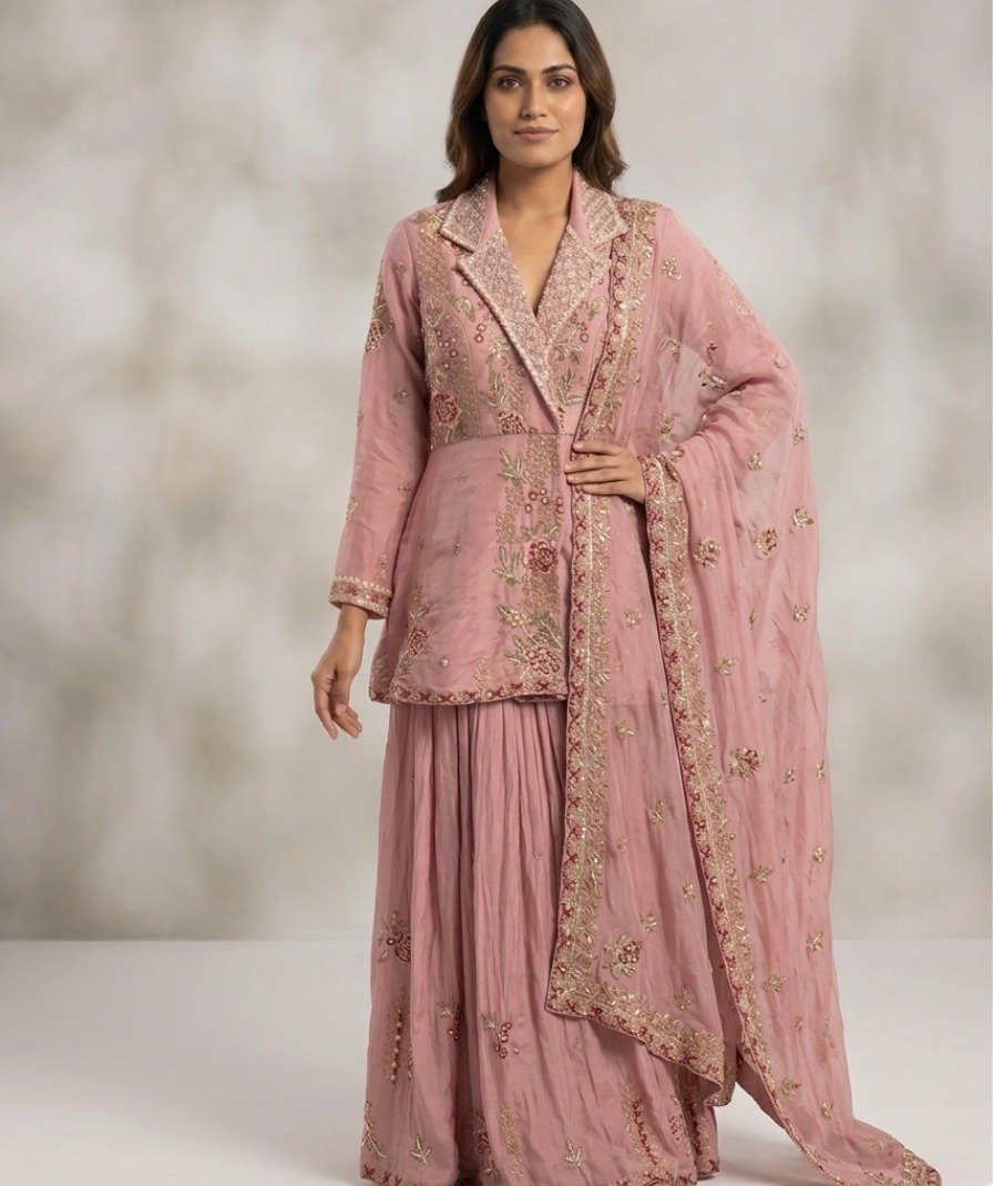 Pink Embroidered Peplum Sharara Set