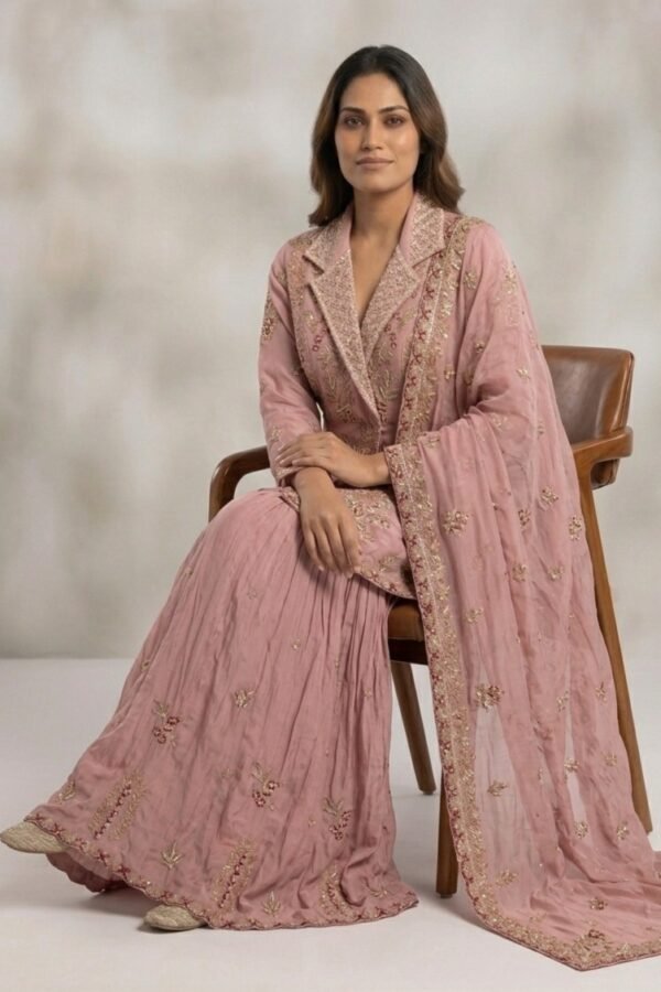 Pink Embroidered Peplum Sharara Set