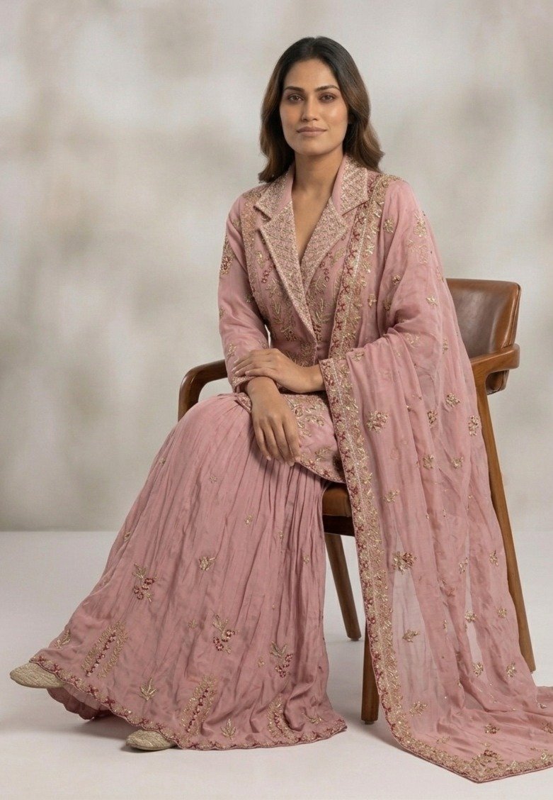 Pink Embroidered Peplum Sharara Set - Image 2