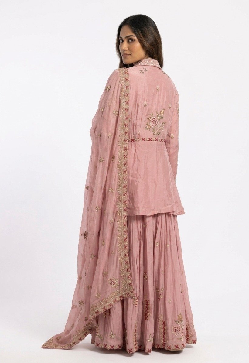 Pink Embroidered Peplum Sharara Set - Image 3