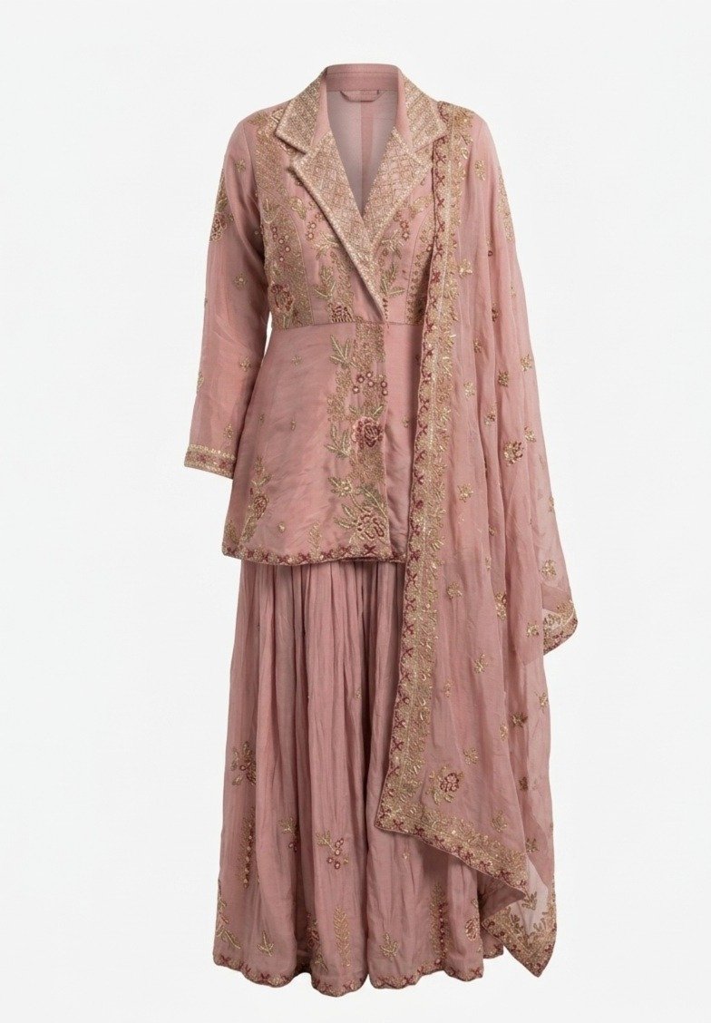 Pink Embroidered Peplum Sharara Set - Image 4