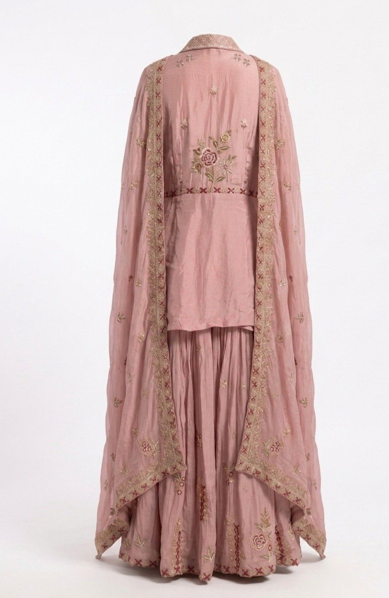 Pink Embroidered Peplum Sharara Set - Image 5