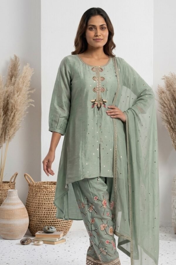 Embroidered Sage Green Suit Set
