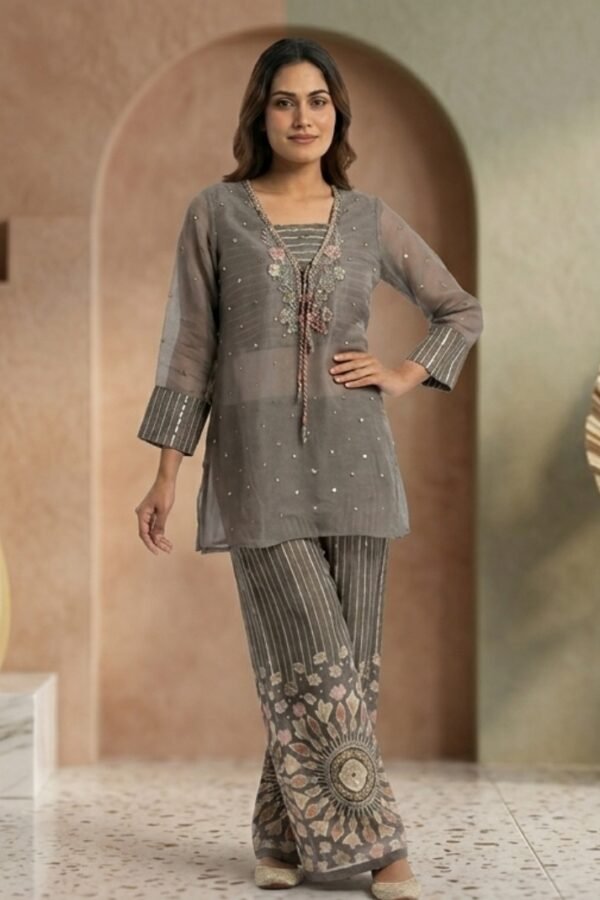Grey Embroidered Organza Co-ord Set