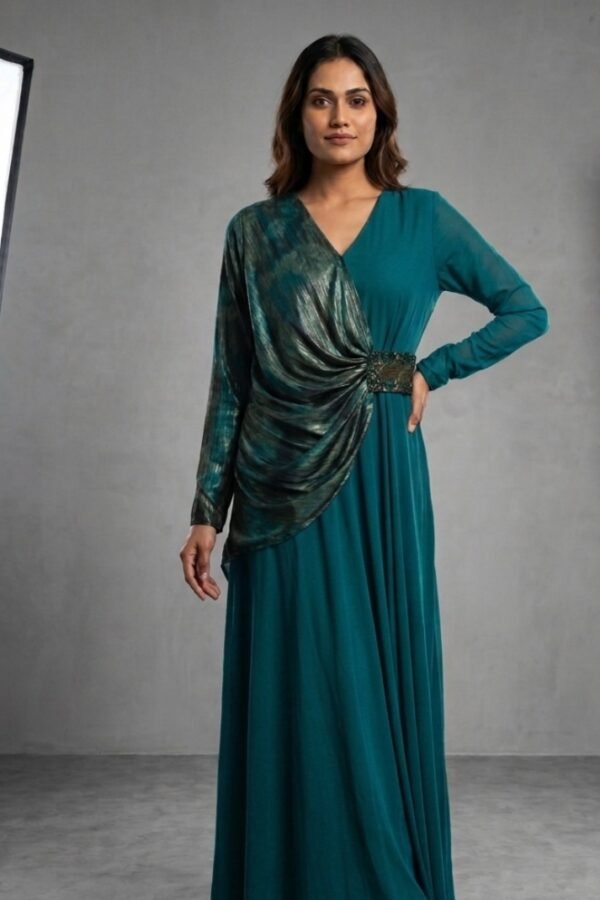 Teal Metallic Draped Evening Gown