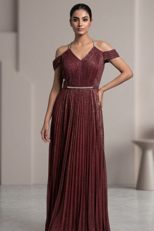 Maroon Metallic Pleated Evening Gown