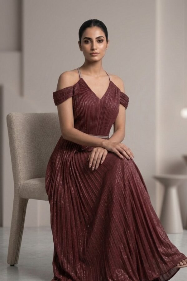 Maroon Metallic Pleated Evening Gown