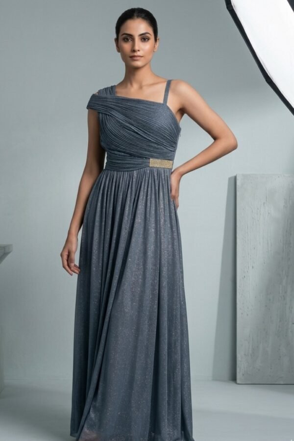 Grey Metallic Pleated Evening Gown