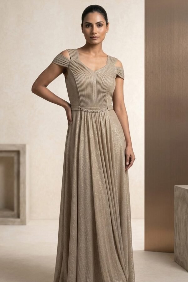 Gold Shimmer Pleated Evening Gown