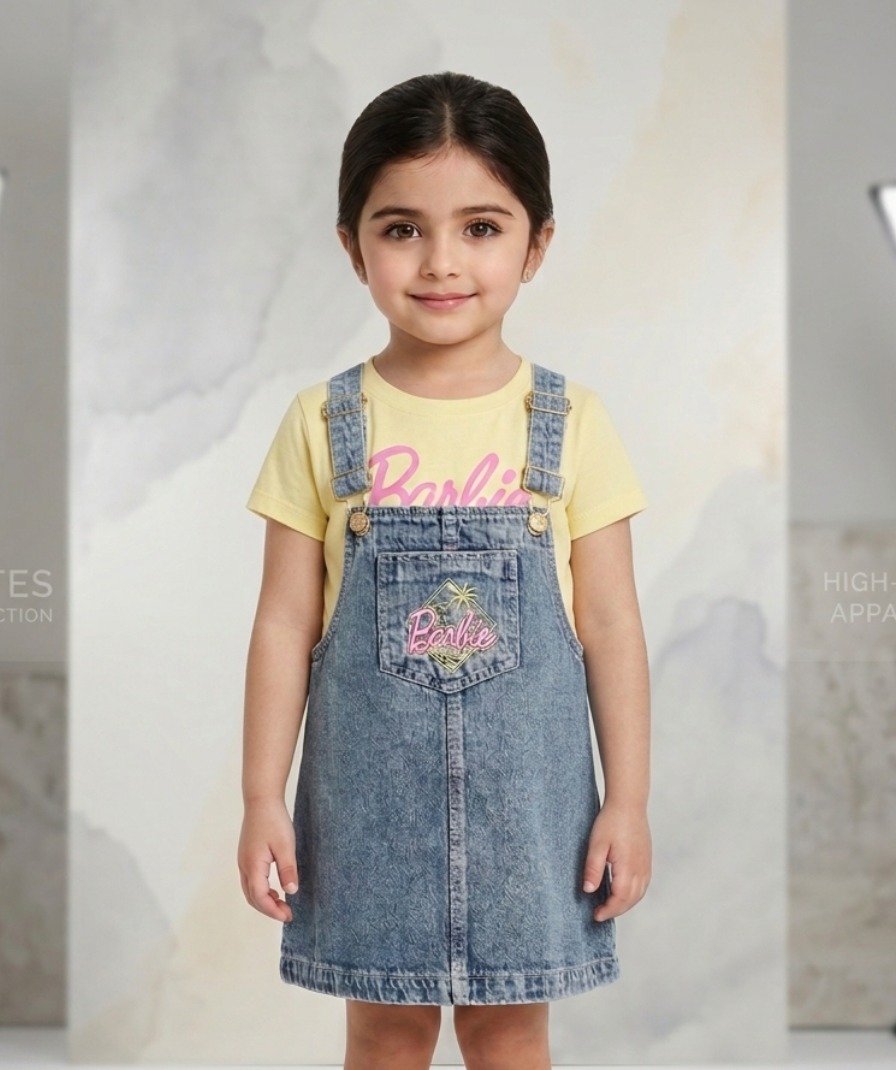 Girls Barbie Denim Dungaree Dress
