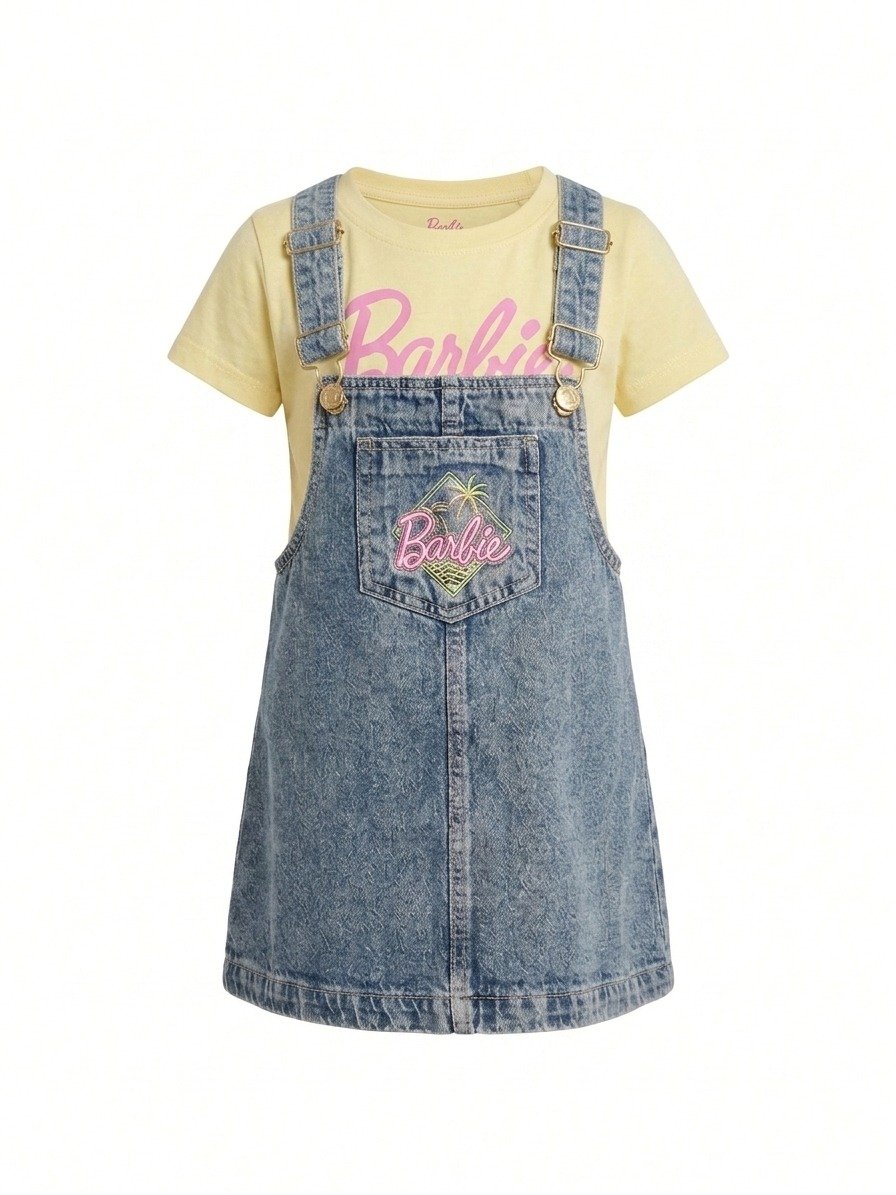 Girls Barbie Denim Dungaree Dress - Image 3