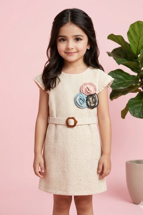 Beige Textured Floral Belted Frock