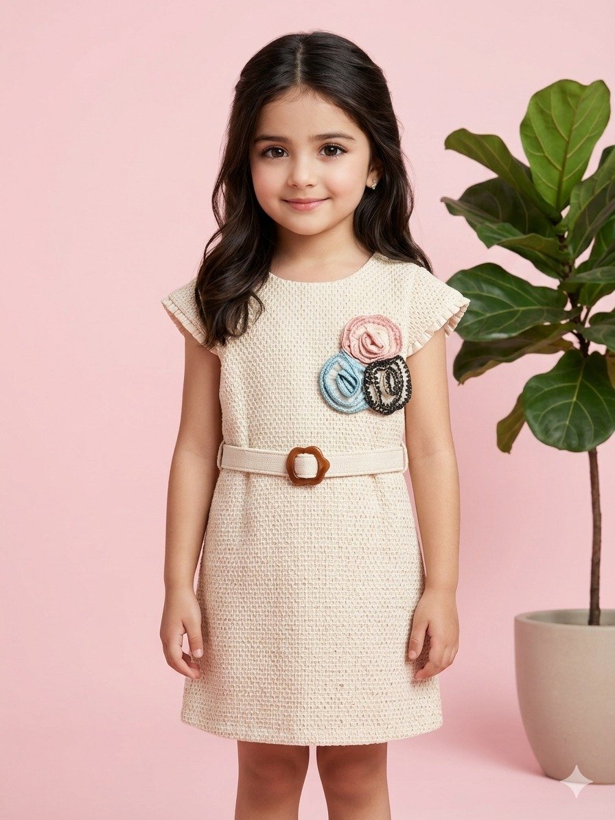 Beige Textured Floral Belted Frock