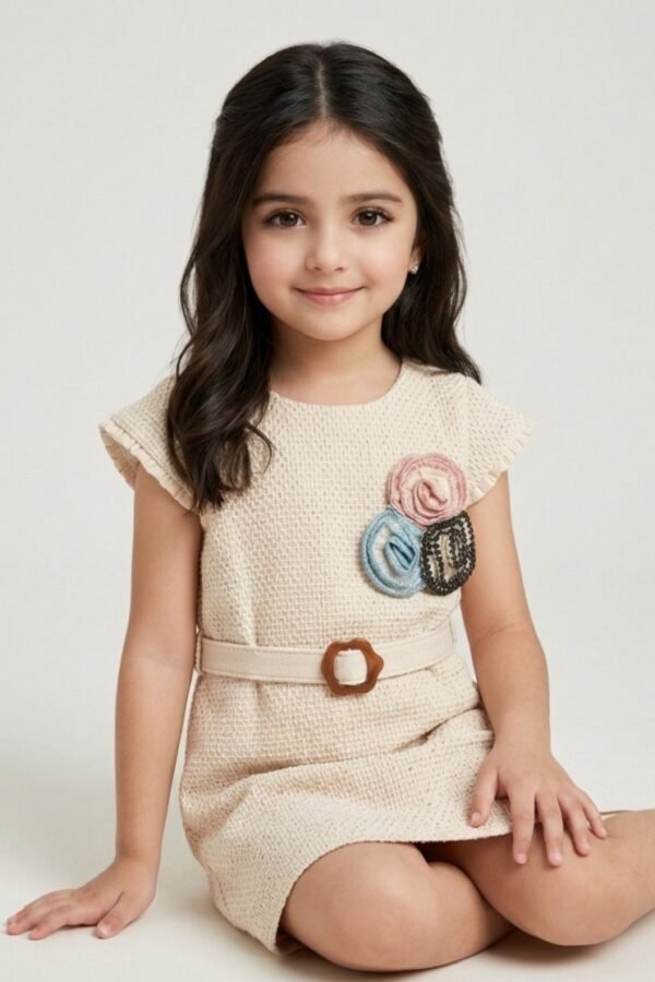 Beige Textured Floral Belted Frock