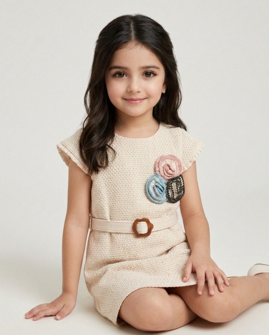 Beige Textured Floral Belted Frock - Image 2