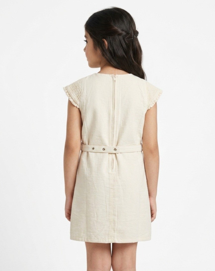 Beige Textured Floral Belted Frock - Image 3