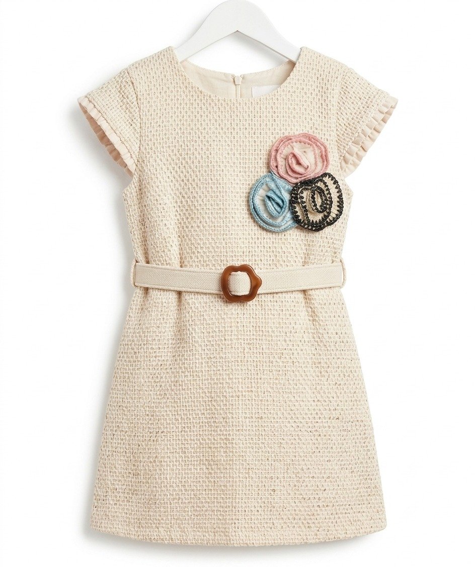 Beige Textured Floral Belted Frock - Image 4