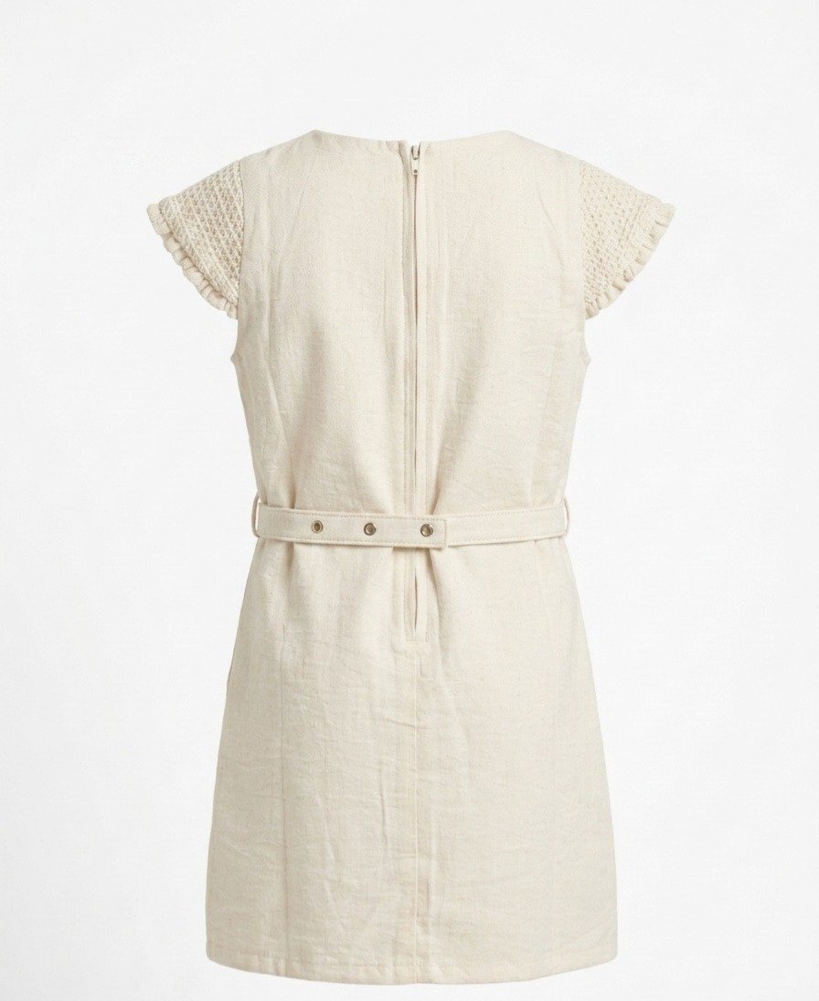 Beige Textured Floral Belted Frock - Image 5