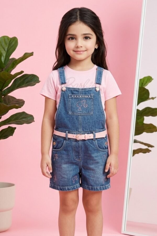 Girls Barbie Denim Dungaree Set