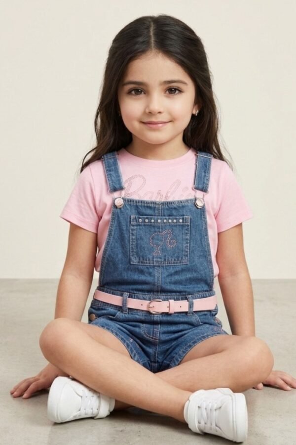 Girls Barbie Denim Dungaree Set