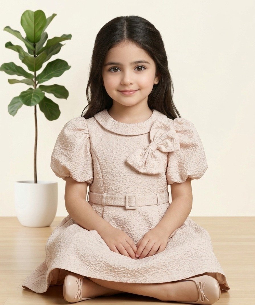Beige Textured Bow Frock - Image 2