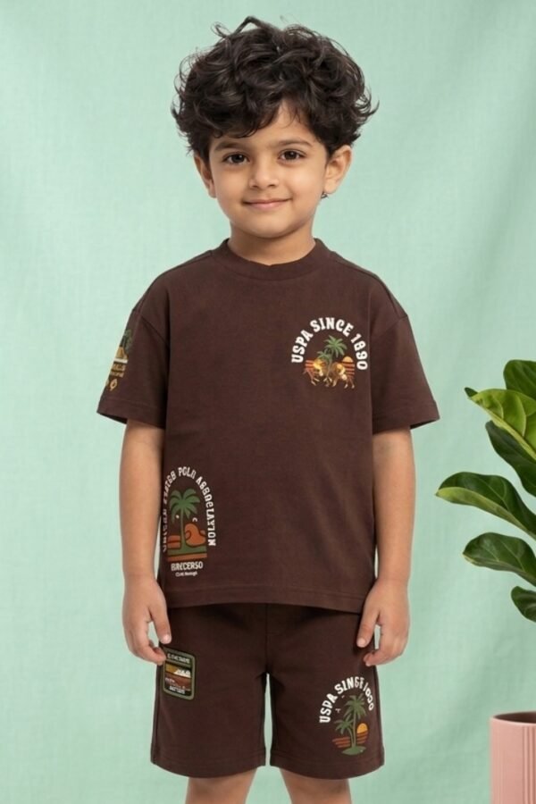 Boys Brown Graphic Shorts Set