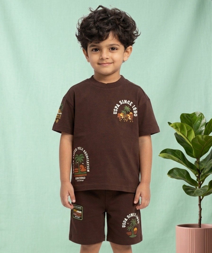Boys Brown Graphic Shorts Set