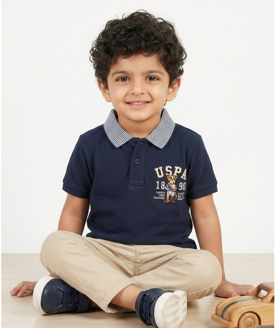 Boys Navy Striped Polo Shirt - Image 2