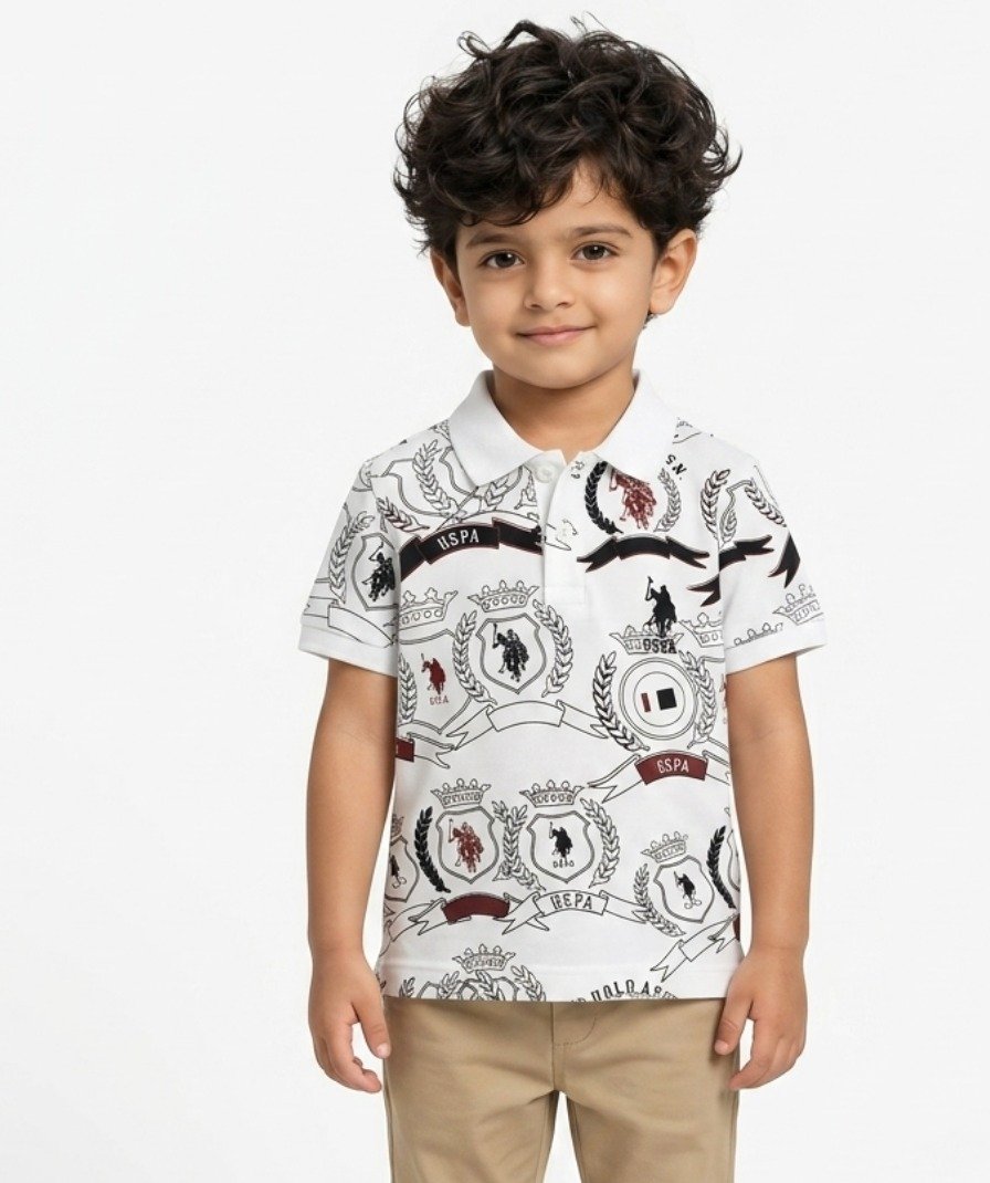 Boys White Printed Polo Shirt