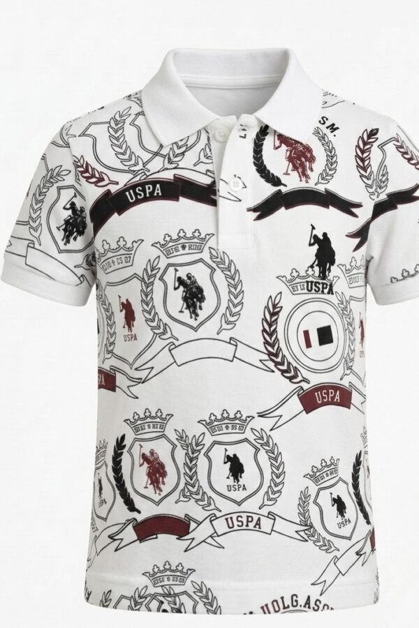 Boys White Printed Polo Shirt